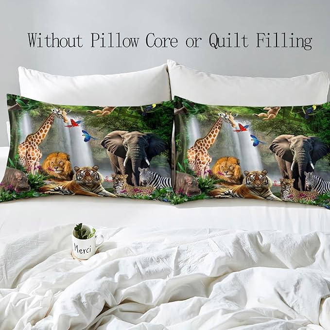 LUVIVIHOME 3PCS Safari Animal Duvet Cover Full Bedding Set, Leopard Lion Tiger Elephant Giraffe Zebra Hippo Monkey Nature Forest Waterfall African Zoo Jungle Animal Comforter Cover, 2 Pillow Cases