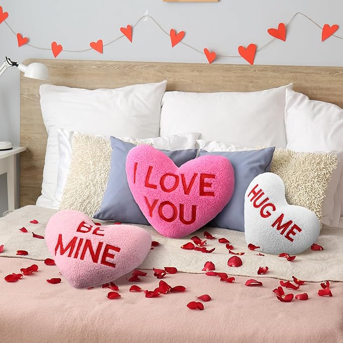 3 Pieces Sherpa Valentine‘s Day Heart Shaped Decorative Throw Pillow Red Pink Fluffy Love Decorative Cute Throw Pillows Aesthetic Coquette Room Decor for Gift Bed Sofa Couch (Printed Heart)
