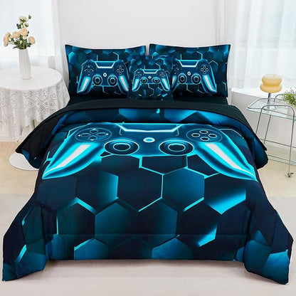 URBONUR Blue and Teal Kids Comforter Set Queen Size 6 Pieces Video Game Printed Gamer Bedding Set Queen for Boys Teen Girls, Lightweight Comforter with Sheets Set