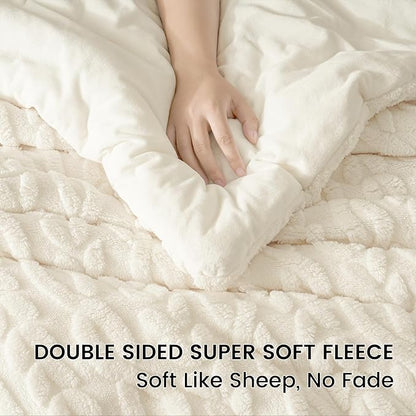 PHF Fluffy Sherpa Fleece Queen Comforter Set, 3 Pieces Warm Fuzzy Soft Bedding for Winter, 3D Tufted Flannel Plush Shaggy Bed Set, 1 Comforter (90"x90") and 2 Pillowcases (20"x26"), Cream