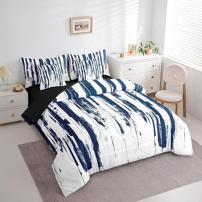 Erosebridal 7Pcs Navy Blue Queen Comforter Set,Geometric Stripes Striped Abstract Bed in A Bag for Women Men Adults Teens,Modern Art Aesthetic Watercolor Graffiti Ink Painting Bedding with Bed Sheets