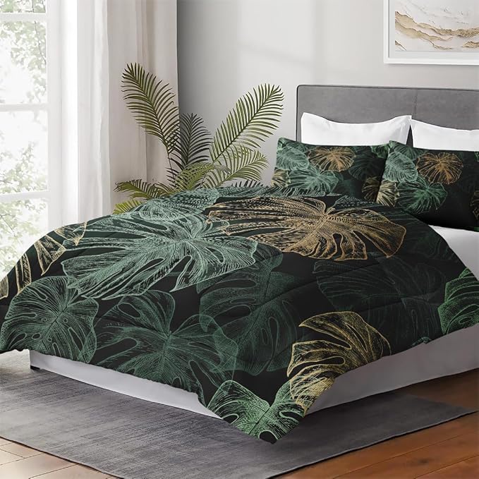 Full Size Comforter Set with 2 Pillowcases, Green Tropical Leaves 3 Pcs Bedding for Kids and Adults, Monstera Palm Leaf Soft Comforter Set for Bedroom Bed Decor