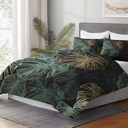 Twin Size Comforter Set with Pillowcase, Green Tropical Leaves 2 Pcs Bedding for Kids and Adults, Monstera Palm Leaf Soft Comforter Set for Bedroom Bed Decor
