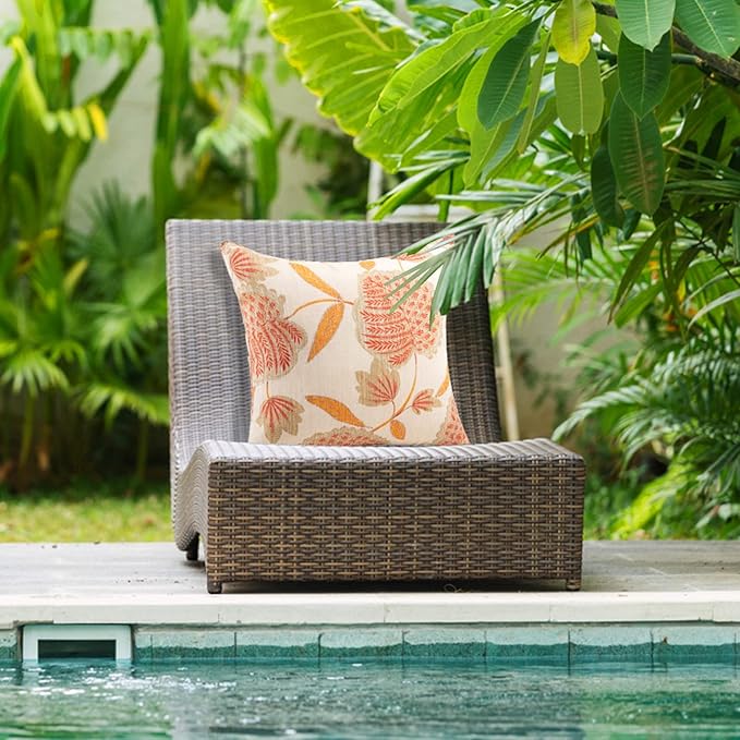 JMGBird Water-Resistant Outdoor Pillows Set of 2, 18x18 inch Durable Beige with Orange Leaf Pattern Throw Pillows with Inserts for Patio Furniture