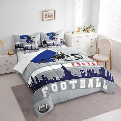 Erosebridal Football 7 Pcs Comforter Set King Football Fans Bedding for Kids Football City Sheet Set Bed in A Bag Grey Blue Rugby Competition Room Decor Sports Ball Game Quilt