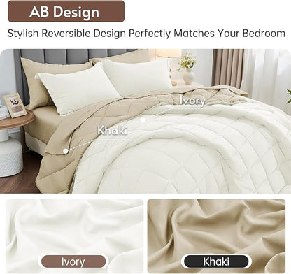 MUXHOMO 5 Pieces Twin XL Comforter Set, Reversible Bed in a Bag Twin XL Size, All Season Bedding Set with Comforter, Flat Sheet, Fitted Sheet, Pillowcases & Shams, Ivory & Khaki