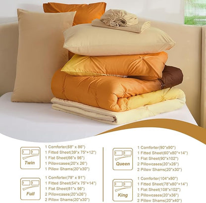 Dinjoy Ombre Comforter Set Twin Size, 5-Piece Bed in a Bag for Kid Teen, Pintuck Colorful Rainbow Bedding Sets with Comforter, Flat Sheet, Fitted Sheet and Pillowcases & Shams, Orange