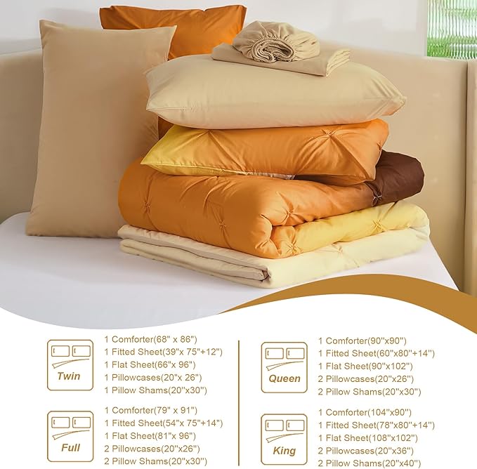 Dinjoy Ombre Comforter Set Full Size, 7-Piece Bed in a Bag for Kid Teen, Pintuck Colorful Rainbow Bedding Sets with Comforter, Flat Sheet, Fitted Sheet and Pillowcases & Shams, Orange