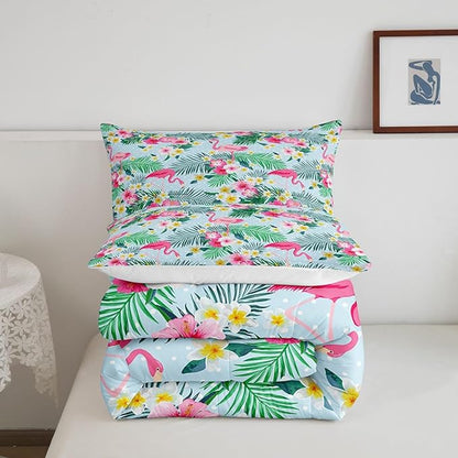 Manfei Pink Flamingo Kids Comforter Set Twin Size,Palm Leaves Flowers Rustic Bedding Set,Boys Girls Adults Room Decor,Tropical Plants Animals Dots Down Comforter,Blue Dreamy Duvet Insert,1 Pillowcase