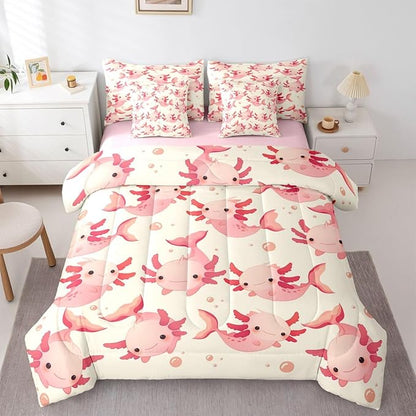 Erosebridal Axolotl Bed in A Bag Twin | Kawaii Pink Salamander Mermaid 7 Piece Comforter Set Ocean Animals Sheet Set Breathable Lightweight Underwater World Fitted Sheet Reversible