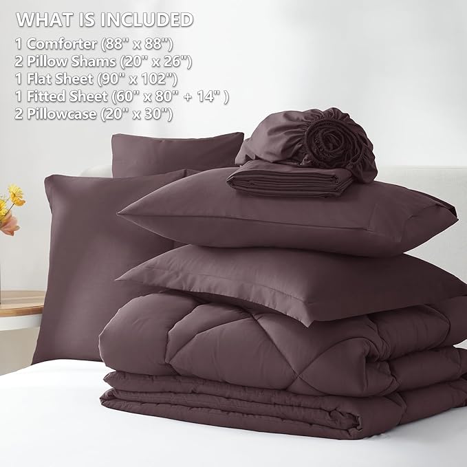 CozyLux Queen Comforter Set Cocoa Powder - Bed in a Bag Queen Size 7 Pieces, Luxury Soft Bed Set for All Seasons, Bedding Set with Down Alternative Comforter, Sheets, Pillowcases & Shams