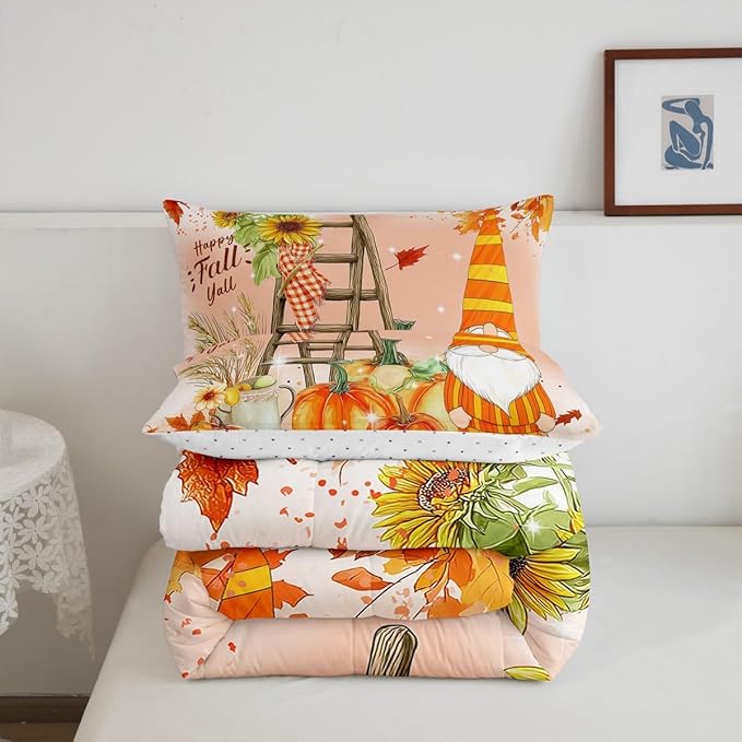 Fall Gnomes Comforter Set King Fall Thanksgiving Pumpkin Bedding Set For Girls Teen Women Rustic Farm Autumn Harvest Decor Comforter Sunflower Maple Leaf Quilted Duvet Orange Red Fall Bedroom Decor