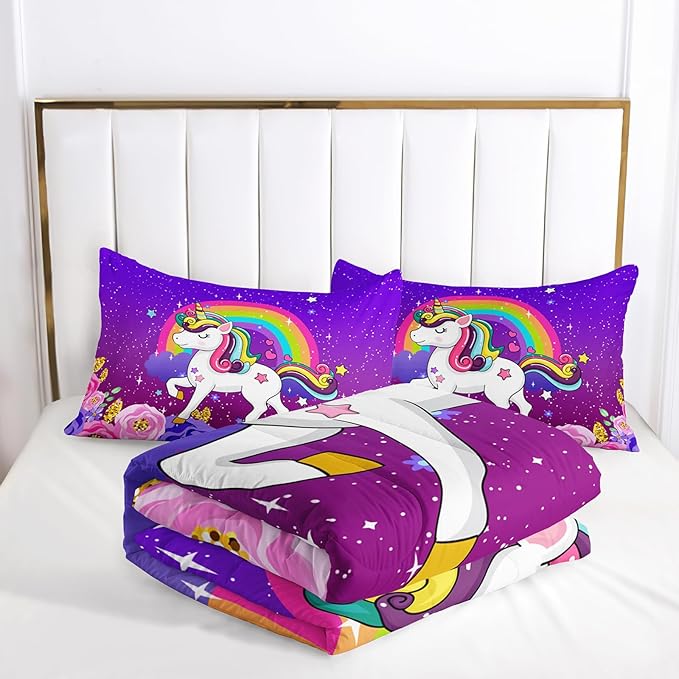 Cute Unicorn Comforter Sets Bedding Sets for Kids,Rainbows and Flowers Comforter Sets Twin Size，All Season 1 Comforter and 2 Pillowcases