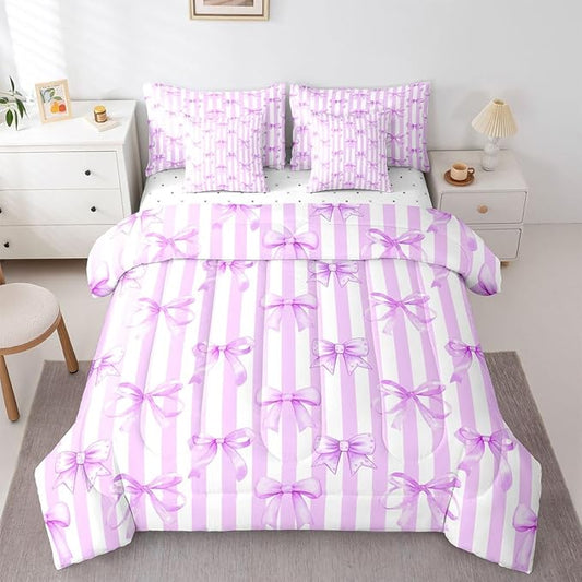 Erosebridal Bowknot White Purple Girls Kawaii Full Comforter Set 7 Pieces | Geometric Bed in A Bag for Bedroom Cute Bow Bedding Set with Comforters Stripe Room Decor