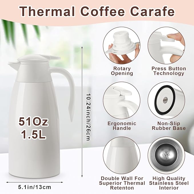 Norme 2 Pcs Thermal Coffee Carafe Insulated Stainless Steel Coffee Carafe for Hot Liquid Vacuum Thermal Pot Creamer Pitcher Dispenser with Brushes Keeping Hot Water Milk (Beige,51 oz)