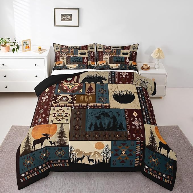Bohemian Deer Bedding Sets Queen Bear Wildlife Hunting Theme Comforter Cabin Decor Buffalo Plaid Grid Duvet Insert for Adult Women Men Retro Boho Xmas Pine Tree Down Comforter Geometric Quilt 3Pcs