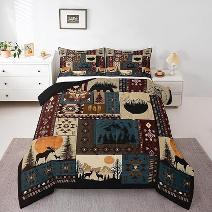 Bohemian Deer Bedding Sets Full Bear Wildlife Hunting Theme Comforter Cabin Decor Buffalo Plaid Grid Duvet Insert for Adult Women Men Retro Boho Xmas Pine Tree Down Comforter Geometric Quilt 3Pcs