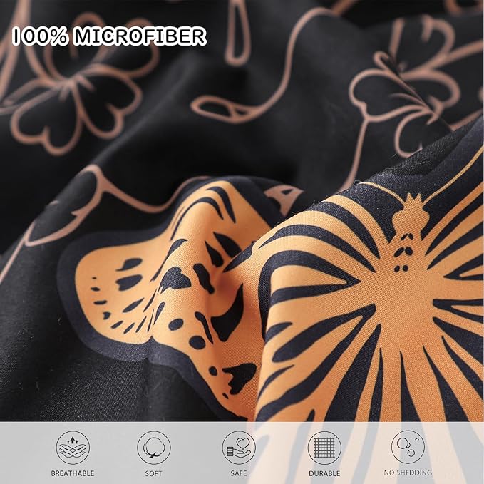 Yogeneg 7 Piece Bed in a Bag Full Size Comforter Set Black Bedding Set,Gold Butterfly Leaves Printed on Black Reversible Design,Soft Microfiber Comforter with Sheet Set,All Season(Butterfly,Full)
