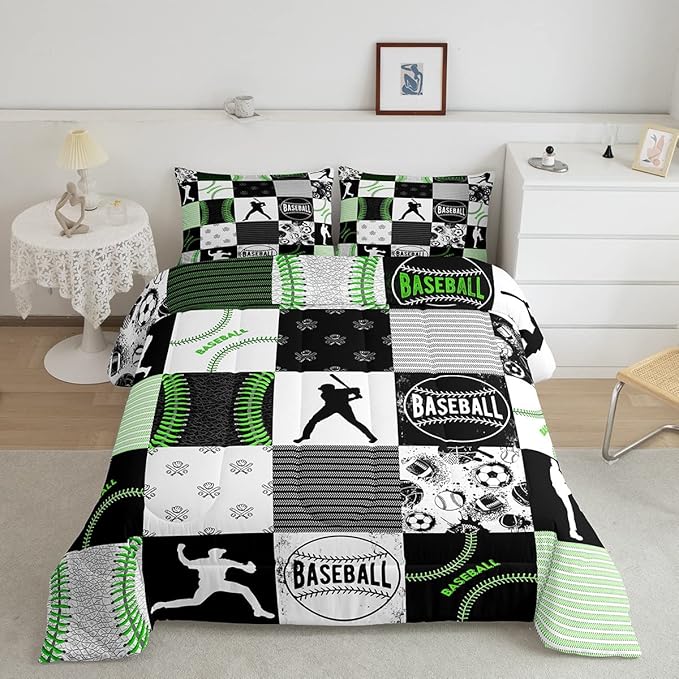 Erosebridal Baseball Bedding Set King for Kids Boys Teens,Softball Comforter Set,Sports Game Soccer Volleyball Quilted Youth,Geometric Patchwork Down with 2 Pillowcases Bedroom Decor