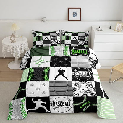 Erosebridal Baseball Bedding Set King for Kids Boys Teens,Softball Comforter Set,Sports Game Soccer Volleyball Quilted Youth,Geometric Patchwork Down with 2 Pillowcases Bedroom Decor