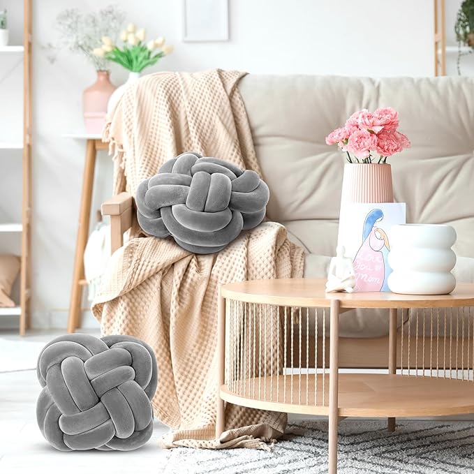 2 Pcs Knot Pillow Balls Set, 12 Inch Soft Decorative Throw Knot Pillow Ball, Large Square Knotted Floor Cushion for Living Room Bedroom Sofa Couch Bed Home Decoration(Light Gray)