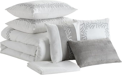 Queen Comforter Set 7-Piece Embroidered Faux Suede Bedding – Soft, Elegant & Complete Bedding Set with 1 Comforter, 2 Pillow Shams, 1 Bed Skirt, and 3 Decorative Throw Pillows, Queen, White