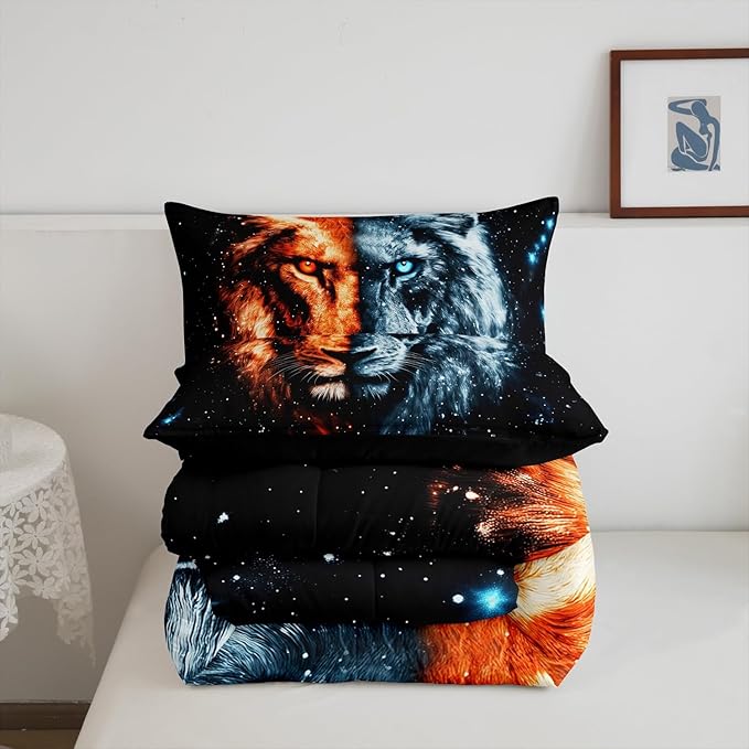 Gothic Lion Comforter Toddler,African Wildlife Exotic Animal Quilt Comforter with 1 Pillowcase,Galaxy Animal Mystery Starry Sky Bedding Set Comfortable,Soft and Breathable
