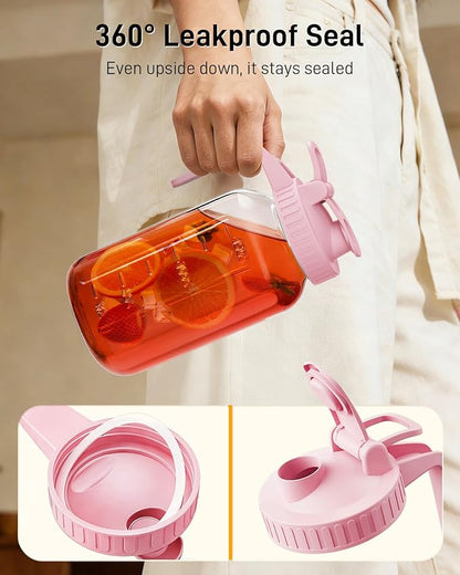 64 oz Glass Pitcher with Lid, Large Wide Mouth Mason Jar with Pour Spout, Pink Sun Tea Jar for Outside, Glass Water Pitcher Great for Drink, Cold Beverages and Breast Milk