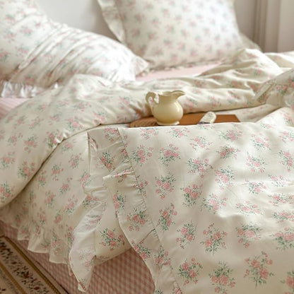 mixinni 3-Piece Pink Floral Ruffle Comforter Set King - Cottagecore Botanical Duvet Cover with Lace Trim & 2 Pillow Shams, Soft Cotton Boho Bedding for Teen Girls, Aesthetic Coquette Bed Set