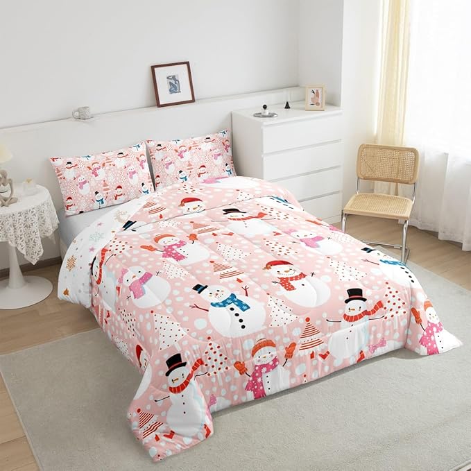 Cute Snowman Bedding Set Queen Size Cartoon Christmas Tree Comforter Set 3Pcs Red White Dots Print Theme Quilt Set for Kids Girls Boys Room Decor Watercolor Pink Duvet Insert,2 Pillowcases