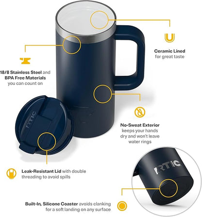 RTIC 16oz Road Trip Travel Mug with Lid and Handle, Ceramic Lined, Insulated, Stainless Steel, Metal, Double Wall Vacuum-Insulation, Portable Coffee, Tea Cup for Hot and Cold Drink, Navy