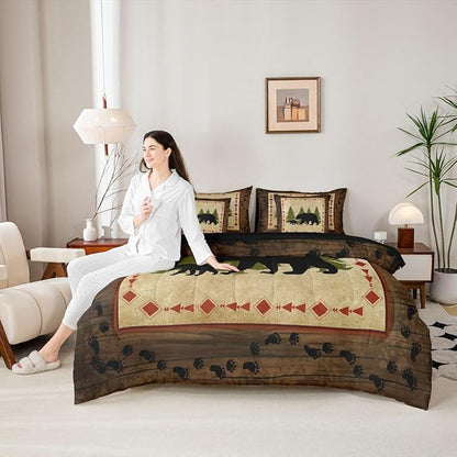 Erosebridal Bear 7 Piece Comforter Set King Bed in A Bag Rustic Farmhouse Wildlife Comforter Wild Animals Bedding Set Country Cabin Lodge Decor Nature Woodland Bear Paw Print Sheet Set Brown Green