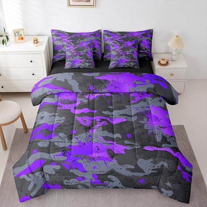 Erosebridal Ombre Camo King Comforter Set Watercolor 7-Piece Bed in A Bag Stars Retro Camouflage Grunge Ink Splash Sheets and Pillowcases Grey Purple Bed Sets
