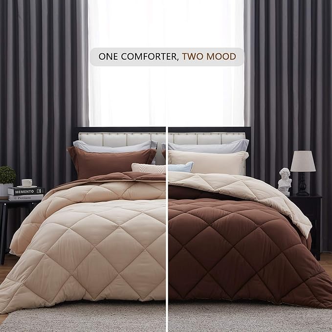 NexHome Queen Comforter Set Brown&Ivory,3 Pieces Lightweight Comforters Queen Size Reversible Bedding Comforters Sets,Down Alternative Comforter Bed Set Quilt Blanket(88x88In Comforter & 2 Pillowsham)