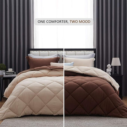 NexHome Queen Comforter Set Brown&Ivory,3 Pieces Lightweight Comforters Queen Size Reversible Bedding Comforters Sets,Down Alternative Comforter Bed Set Quilt Blanket(88x88In Comforter & 2 Pillowsham)