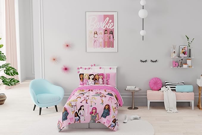 Franco Barbie Barbiecore Bedding Super Soft Comforter and Sheet Set with Sham, 5 Piece Twin Size, College Dorm Essentials (Official Licensed Product)