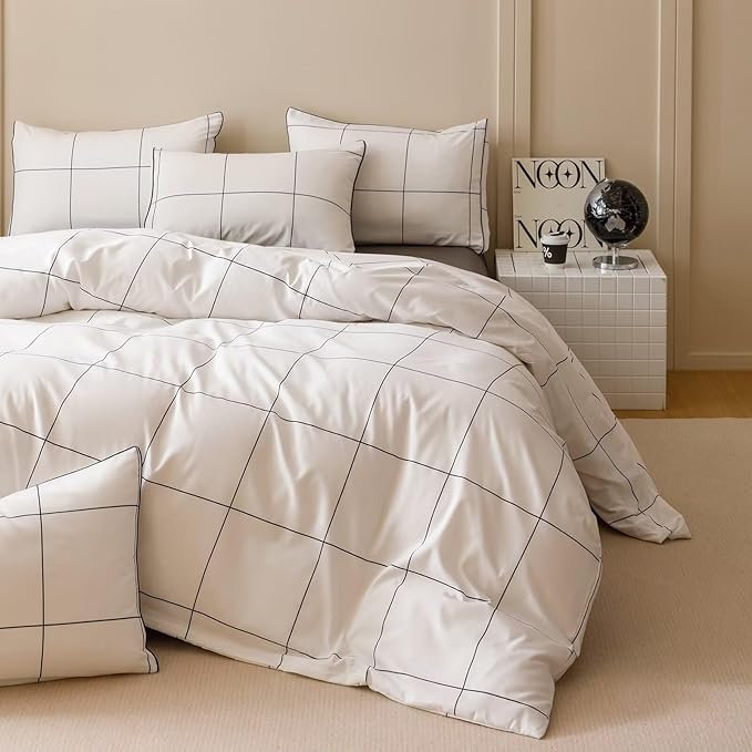 Cottonight White Black Grid Comforter Set Queen Plaid Bedding Comforter Set Women Men Queen Size Geometric Blanket Quilts 3 Piece Soft Modern Breathable Bedding Set
