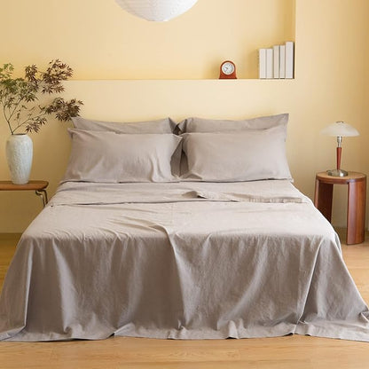 Simple&Opulence Belgian Linen Sheet Set Solid Color - 6 Pieces (1 Flat Sheet & 1 Fitted Sheet & 4 Pillowcases) 16" Deep Pocket Natural Flax Cotton Blended Soft Bedding - Grey, King Size