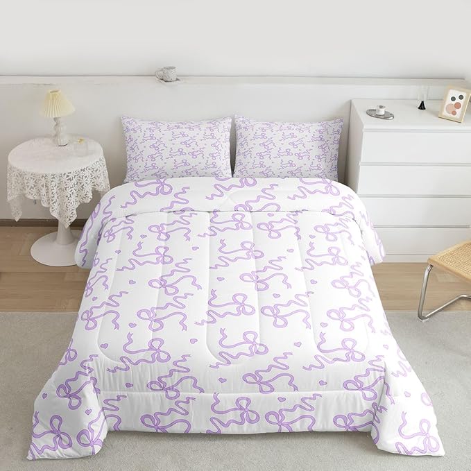 Purple Bow Knot Comforter Set Twin Size,Cute Love Heart Print Bedding Sets 2Pcs for Kids Girls Women Room Decor,Bowknot Butterfly Tie Quilted Duvet Lovely Vivid Down Comforter,1 Pillowcase