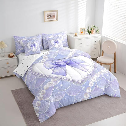 jejeloiu Girls Purple Bowknot 7 Piece Bedding Set King Size White Pearl Comforter Set with Sheets for Kids Women Glitter Mermaid Bed in a Bag Princess Style Bed Set