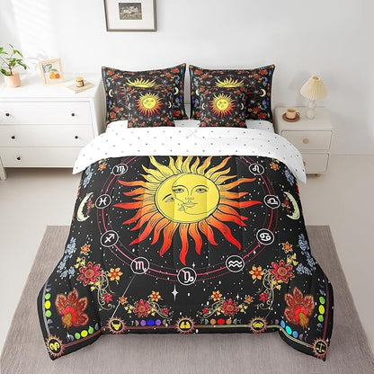 Feelyou Sun Moon Bed in a Bag with Comforter, King Size 7Pcs Galaxy Bedding Set with Comforter, Boho Exotic Comforter Women Men Teens Ultra Soft Decor Astrology Space Room Decor