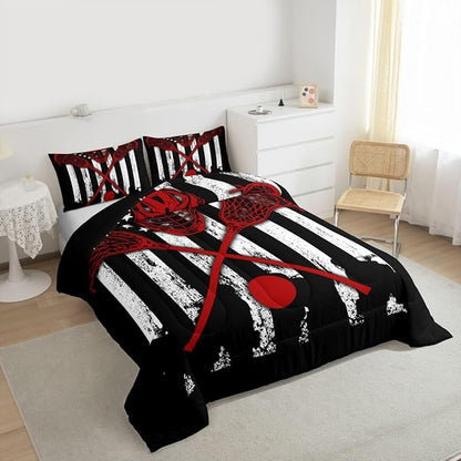 Erosebridal Lacrosse Comforter Set for Teens Youth, Black White American Flag Bedding Set Queen Size,Boys Sports Duvet Insert and 2 Pillowcases