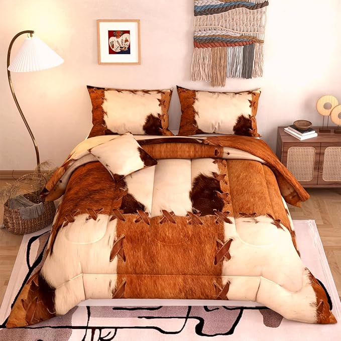 Namoxpa6 Pieces Cow Comforter Sets,3D Brown Vintage Retro Cowhide Pattern,Decorative 6 Piece Bedding Sets with Comforter,Flat Sheet,Fitted Sheet,Throw Pillow Cover,Pillow Shams,Queen Size