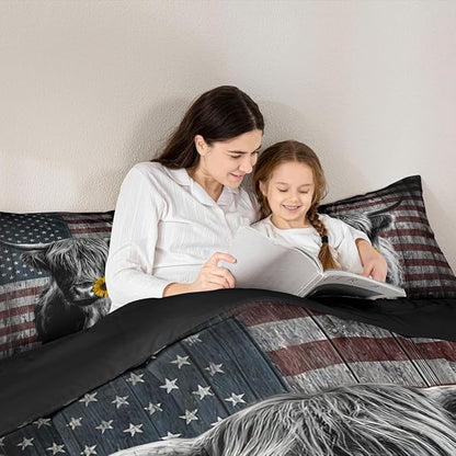 Feelyou Highland Cattle Bedding Set Sunflower Highland Cow Comforter Set for Kids Boys Girls America Flag Bull Comforter Animal Quilt Set 1 Comforter Set with 2 Pillowcases King Size