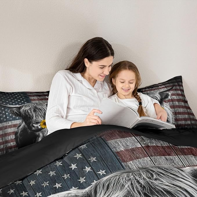 Feelyou Highland Cattle Bedding Set Sunflower Highland Cow Comforter Set for Kids Boys Girls America Flag Bull Comforter Animal Quilt Set 1 Comforter Set with 2 Pillowcases Full Size