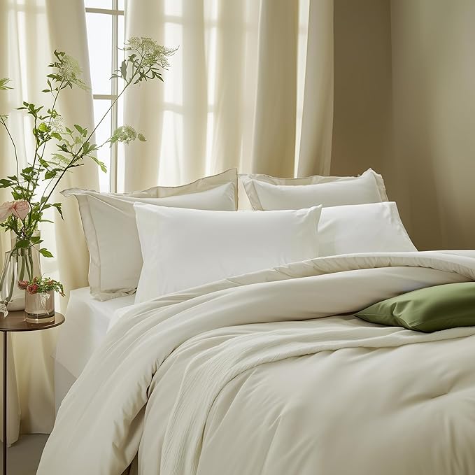 Beige Comforter Set King Reversible Bedding Set, 7 Pieces Soft Bed in a Bag with Comforter, Sheets, Pillowcases & Shams, All Seasons Boho King Bed Set