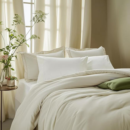 Beige Comforter Set Full Reversible Bedding Set, 7 Pieces Soft Bed in a Bag with Comforter, Sheets, Pillowcases & Shams, All Seasons Boho Full Bed Set