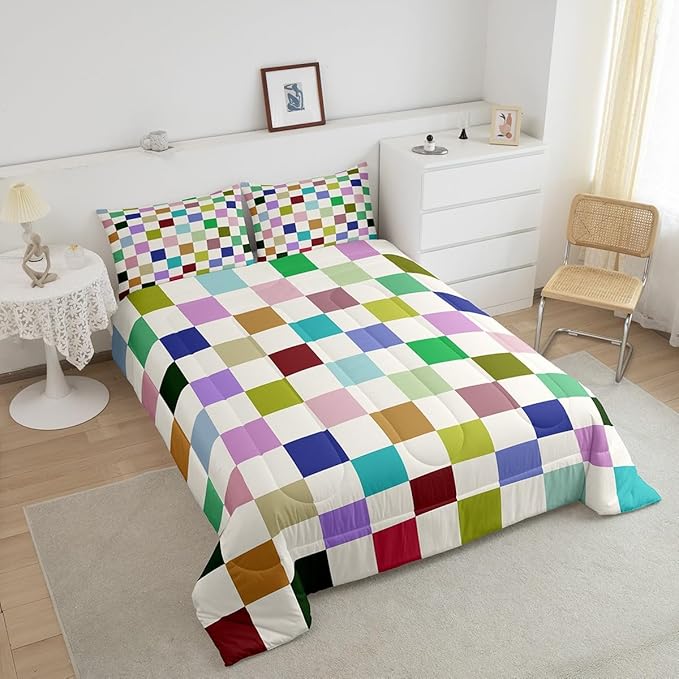 Feelyou Colorful Checkered Bedding Set Teen Women Men Retro Modern Geometric Colorful Comforter Set Queen Size Kids Boys Girls Cute Neutral Plaid Duvet Insert Vintage Aesthetic Room Decor