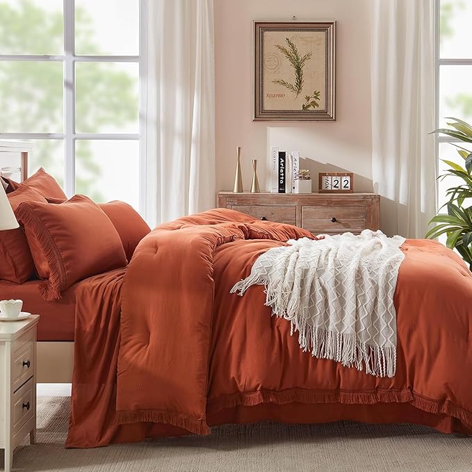 Andency Oversized King Comforter Set with Sheets 128x120 Terracotta - 7 Pieces Bed in a Bag Boho Soft Lightweight Bedding Sets, Tassel Bed Set with Comforter, Sheets, Pillowcases & Shams