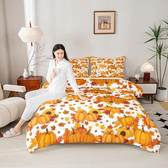 Erosebridal Fall Pumpkin Comforter Set Full Autumn Maple Leaves Bedding Set Thanksgiving Harvest Season Decor Comforter for Home,Rustic Farmhouse Sunflower Quilt Duvet Set 2 Pillow Cases Orange White